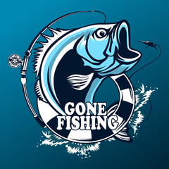 Fishing logo. Bass fish with rod club emblem. Fishing theme vector illustration. Isolated on white.