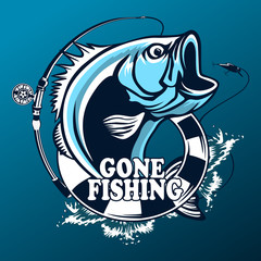 Fishing logo. Bass fish with rod club emblem. Fishing theme vector illustration. Isolated on white.
