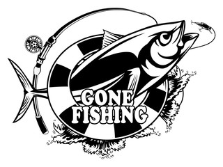 Tuna big fishing on white logo illustration. Vector illustration can be used for creating logo and emblem for fishing clubs, prints, web and other crafts.