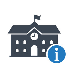 High school building icon, education icon with information sign. High school building icon and about, faq, help, hint symbol. Vector illustration