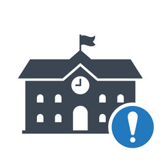 High school building icon, education icon with exclamation mark. High school building icon and alert, error, alarm, danger symbol. Vector illustration
