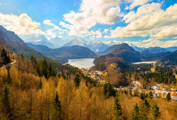 Landsqape spring view from german neuschwanstein castle bwtween alpine mountains