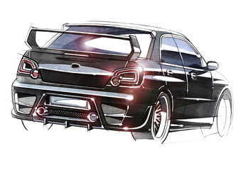 Fototapeta na wymiar Sketch urban youth car in a sporty style with a powerful high-speed motor.
