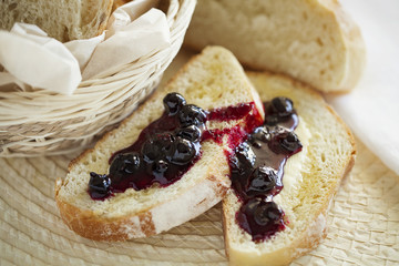 Homemade Breakfast toast with butter and jam. Healthy food. Closeup.