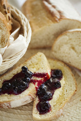 Homemade Breakfast toast with butter and jam. Healthy food. Closeup.