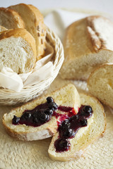 Homemade Breakfast toast with butter and jam. Healthy food. Closeup.