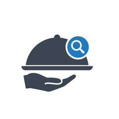 Restaurant icon, Tray on the hand concept icon with research sign. Restaurant icon and explore, find, inspect symbol