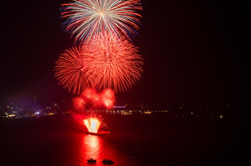 Beautiful fireworks on sea in Pattaya City Thailand.