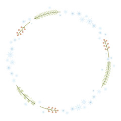 Christmas wreath of a thin circle with spruce branches with snowflakes and red berries isolated vector on a white background.
