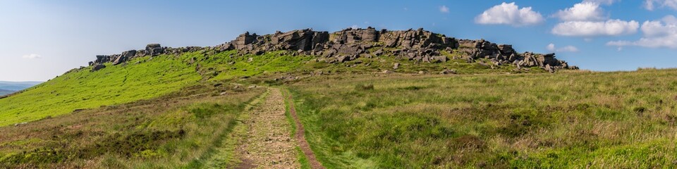 Peak District landscape, walking towards Stanage Edge near Hathersage in the East Midlands, Derbyshire, England, UK