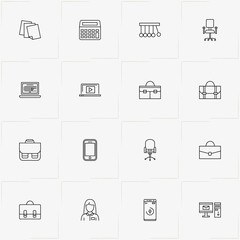 Office line icon set with papers, computer  and portfolio