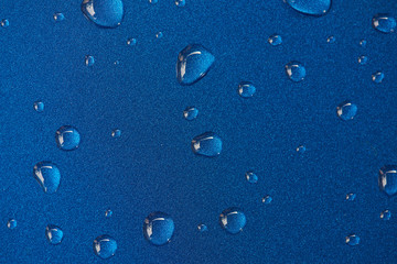 Rain drops on blue metal surface
