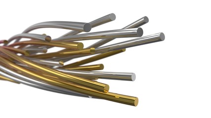 golden and silver twisting metal rods. 3d illustration