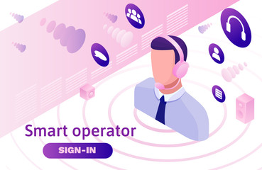 Call center isometric 3d vector illustration, customer service and mobile support landing page, operator with headphone, contact centre concept