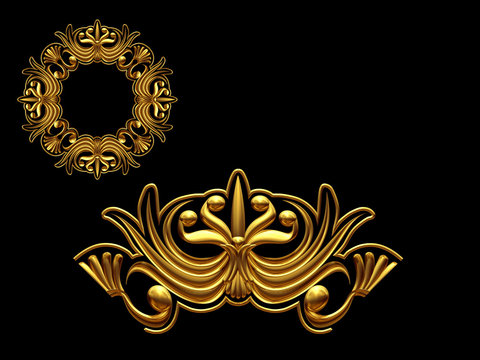 golden ornamental segment, “edged", round version, ninety degree angle, for corner or circle, 3d Illustration, separated on black