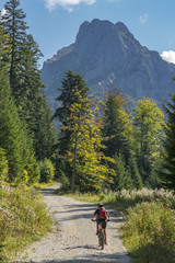 Fototapeta na wymiar nice and active senior woman, riding her e-mountainbike in the Tannheim valley, Tirol, Austria with the village of Tannheim and famous summits Gimpel and Rote Flueh