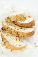 Wheat toast for Breakfast with butter and honey on white background. Closeup