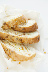Wheat toast for Breakfast with butter and honey on white background. Closeup