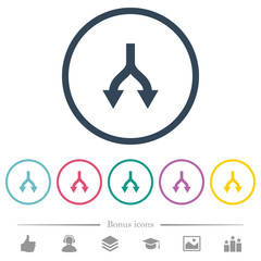 Split arrows down flat color icons in round outlines