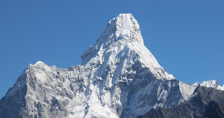 Amazing Shot Panoramic view of Nepalese Himalayas mountain peaks covered with white snow attract many climbers, some of them highly experienced mountaineers