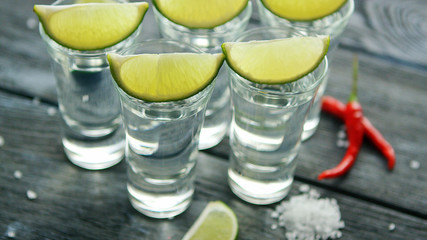 From above tequila shots served with lime and salt on wooden table with pepper 