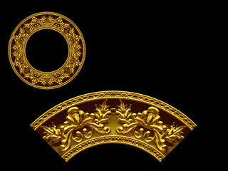 golden ornamental segment, “equal", round version, ninety degree angle, for corner or circle, 3d Illustration, separated on black