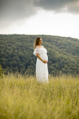 Young pregnant woman relaxing outside in nature