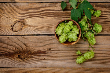  hop cones on a wooden background. Top view.