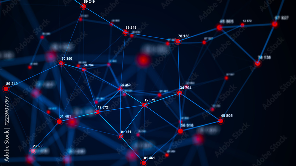 Poster Big data visualization. Technology block chain concept. Futuristic infographic. 3D Rendering. Network connection.