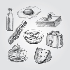Hand Drawn Breakfast Sketches Set. Collection Of milk, egg, butter, pancakes, yogurt, toaster, cheese,  bacon Sketches on white background.