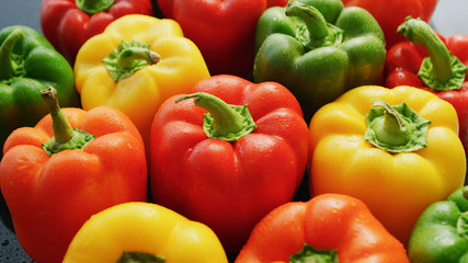 From above of wet bell peppers of different bright colors covered with water drops