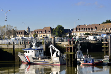 Fishing port of Ouistreham and buildings in the background, commune in the Calvados department in the Basse-Normandie region in northwestern France.