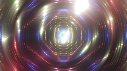 Triangulars on a abstract multicolored background with scintillating circles and gloss. Brilliant round sphere tunnel. Illustration digital.