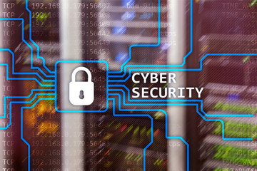 Cyber security, information privacy and data protection concept on server room background.