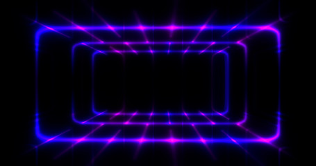 3D Rendering. Geometric figure in neon light against a dark tunnel. Laser glow.