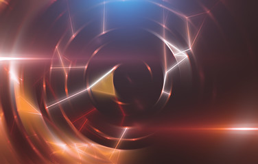 Triangulars on a abstract red background with scintillating circles and gloss. Brilliant round sphere tunnel. Illustration digital.