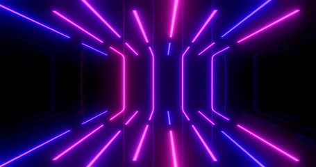 3D Rendering. Geometric figure in neon light against a dark tunnel. Laser glow.