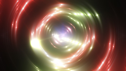 Triangulars on a abstract red background with scintillating circles and gloss. Brilliant round sphere tunnel. Illustration digital.