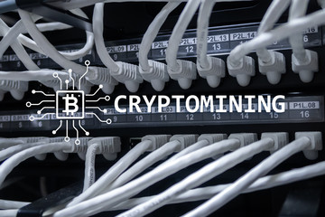 Cryptocurrency mining concept on server room background.