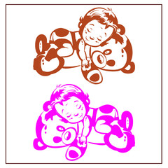 Child sleeping on a teddy bear, silhouette on a white background, pink and brown,