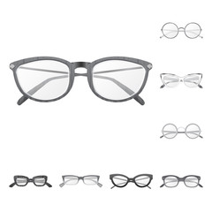 Vector illustration of glasses and frame logo. Set of glasses and accessory vector icon for stock.