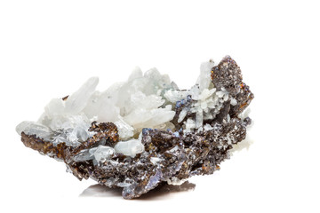 Macro mineral stone Drusus quartz with sphalerite in the rock a white background