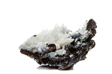Macro mineral stone Drusus quartz with sphalerite in the rock a white background