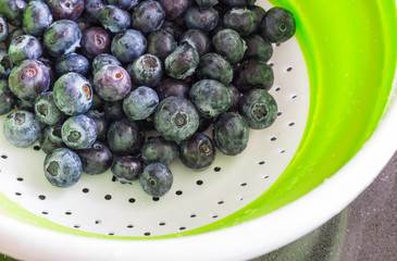 Fresh blueberries in a drip strainer. blueberries with water drops on it, after cleaning. fruits got washed to be part of a healthy dessert.