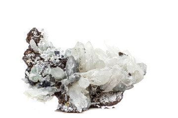 Macro mineral stone Drusus quartz with sphalerite in the rock a white background