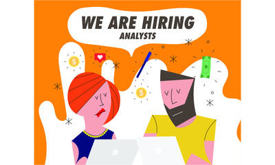 Hiring / Recruitment team with computer.  Recruiting Concept with icons in background. Business. Vector illustration of a man and woman. We're Hiring Analysts