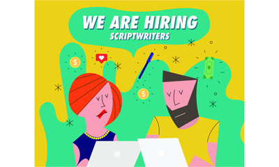 Hiring / Recruitment team with computer.  Recruiting Concept with icons in background. Business. Vector illustration of a man and woman. We're Hiring Scriptwriters