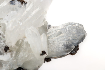 Macro mineral stone Drusus quartz with sphalerite in the rock a white background