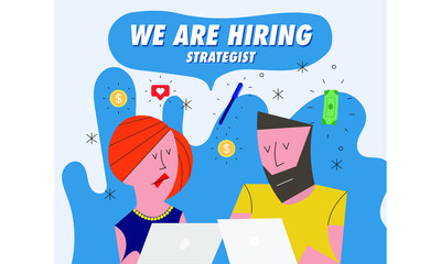 Hiring / Recruitment team with computer.  Recruiting Concept with icons in background. Business. Vector illustration of a man and woman. We're Hiring Strategist