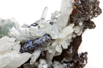 Macro mineral stone Drusus quartz with sphalerite in the rock a white background